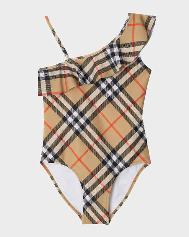 Girl's Fern Ruffled One-Shoulder Check One-Piece Swimsuit, Size 3-14